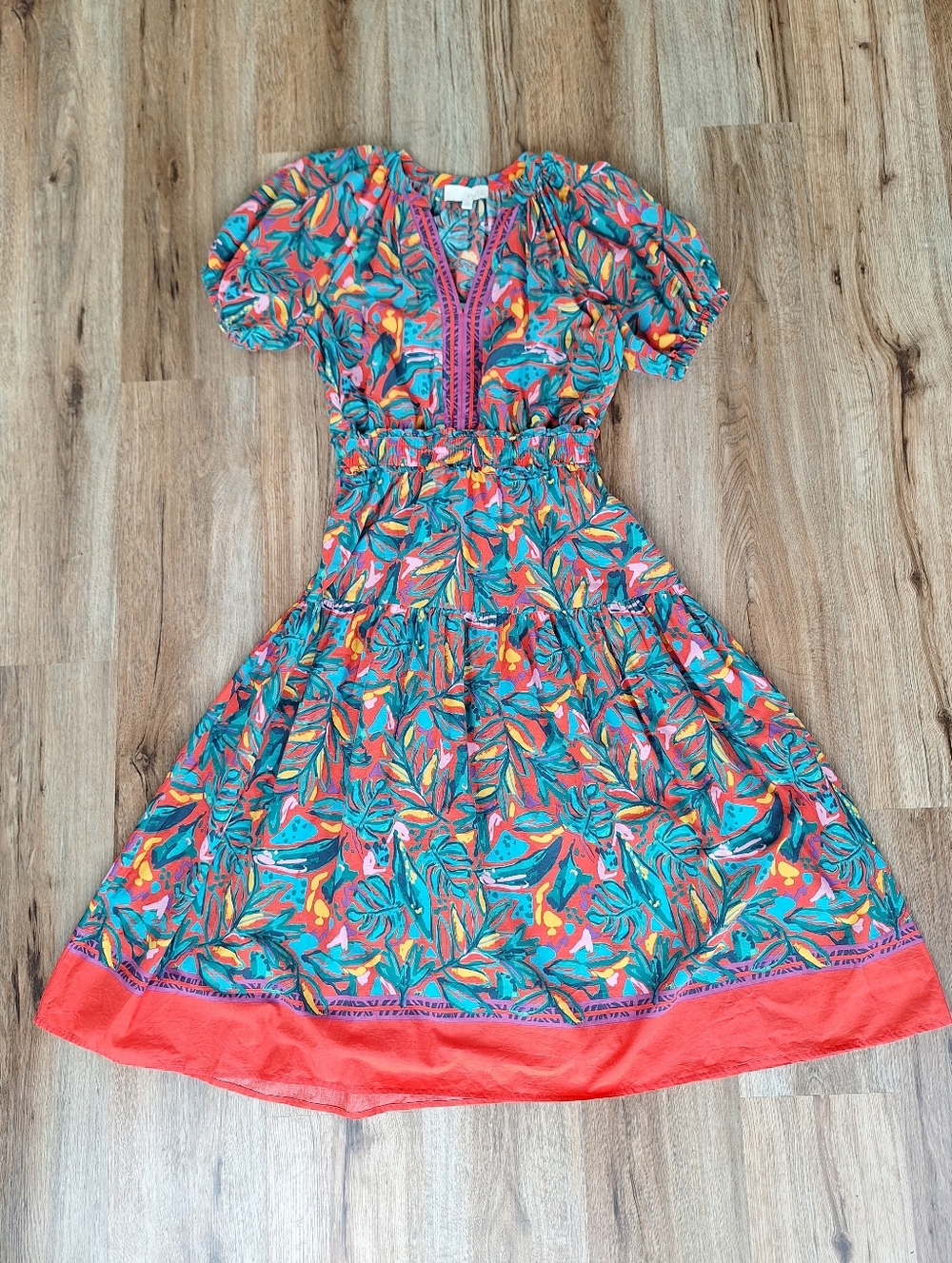Pinch Tropical Floral Puff Sleeve Midi Dress Boho Beach Vacation Colorful Small